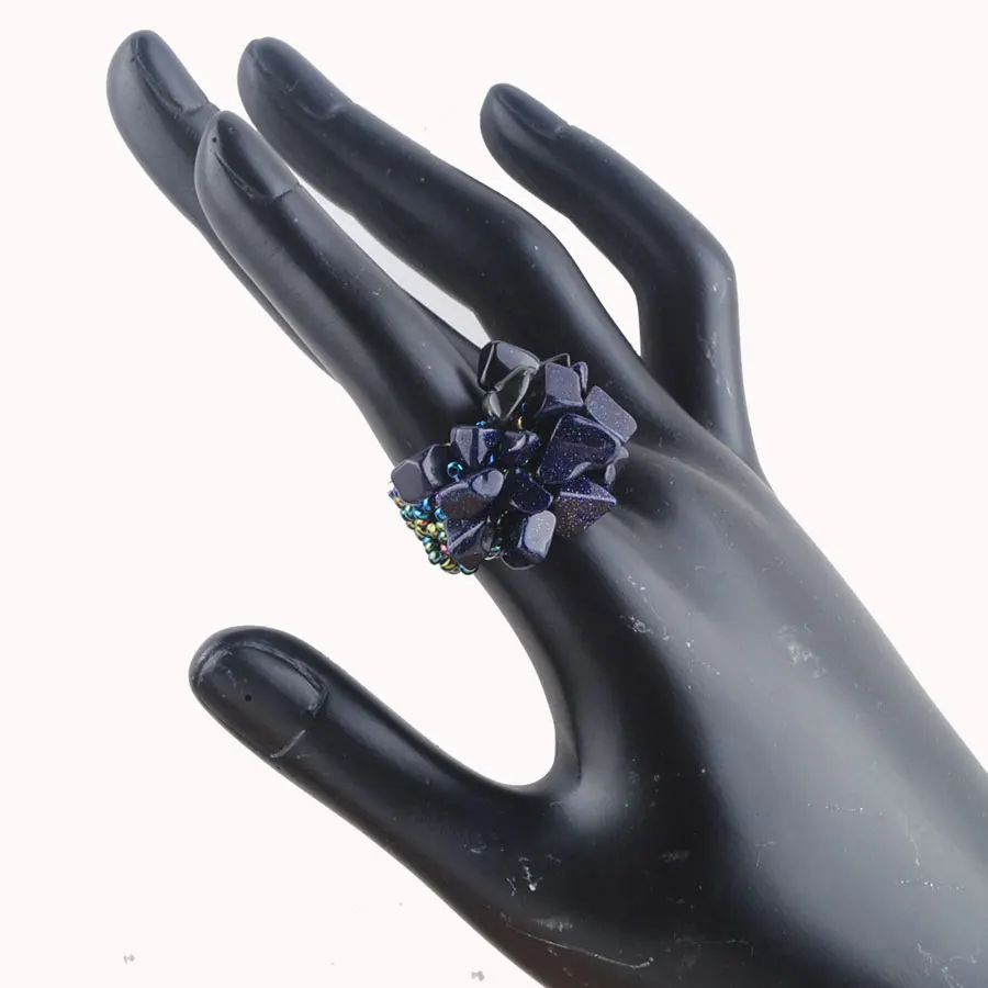 

WOJIAER Fashion Jewelry Blue Sand Stone Chip 4~8mm Beads Stretch Finger Ring Charm 1PCS PJ3035