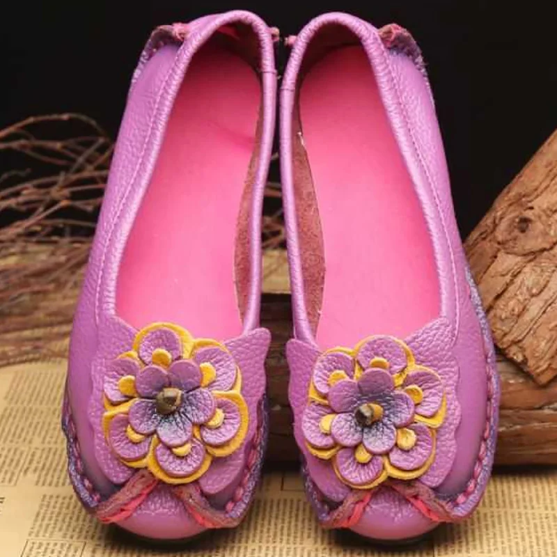 Female Autumn Shoes Women Genuine Leather Flats Loafers Mom Casual Flower Designer Flats Woman's Shoes