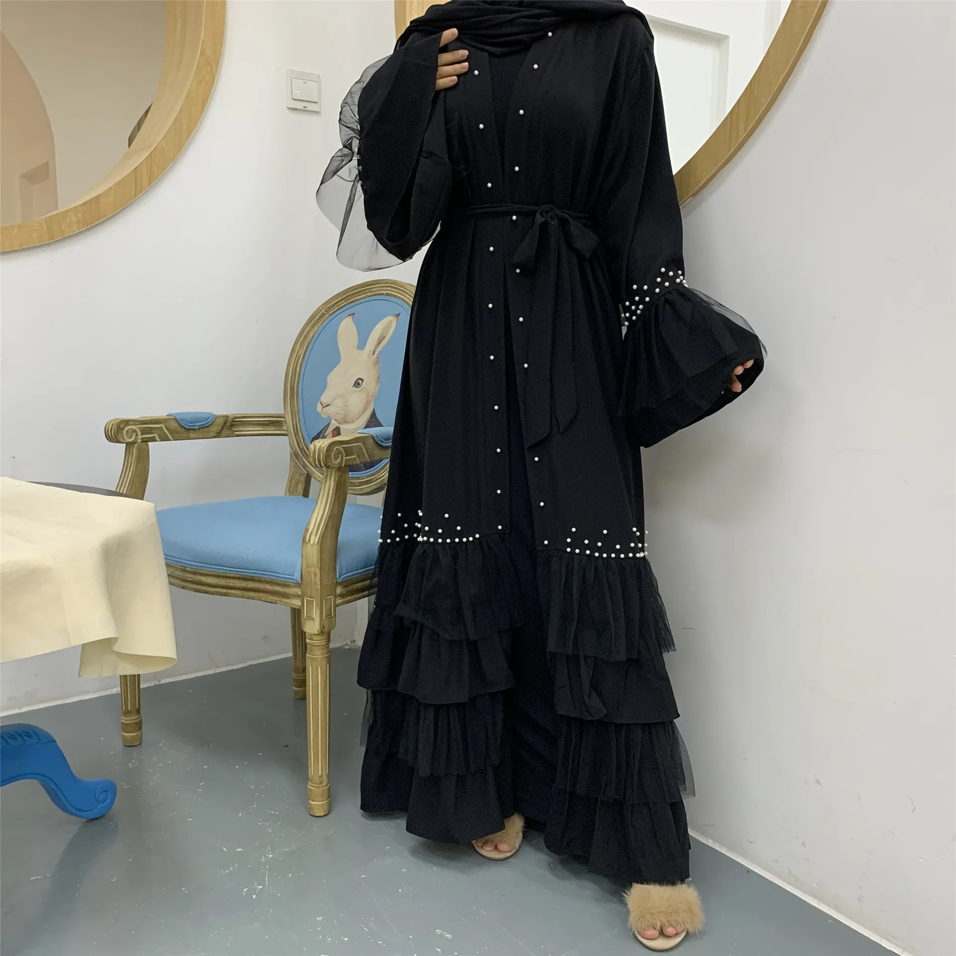 Открытая абайя, Дубай, искусственное платье, сетчатый жемчужный кафтан, Турецкая одежда, длинное платье на шнуровке с оборками, Caftan Marocain Abayas