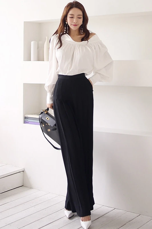 

New Arrival Two Piece Set Women Fashion Slash Neck Long Sleeve Tops Black High Waist Wide Leg Long Pants Suits 2021 Spring