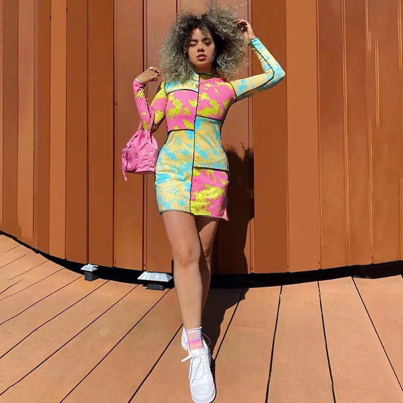 

CHRONSTYLE Sexy Women Dress 2020 Summer Tie Dye Color Patchwork High Turtleneck Long Sleeve High Waist Short Mini Pencil Dress