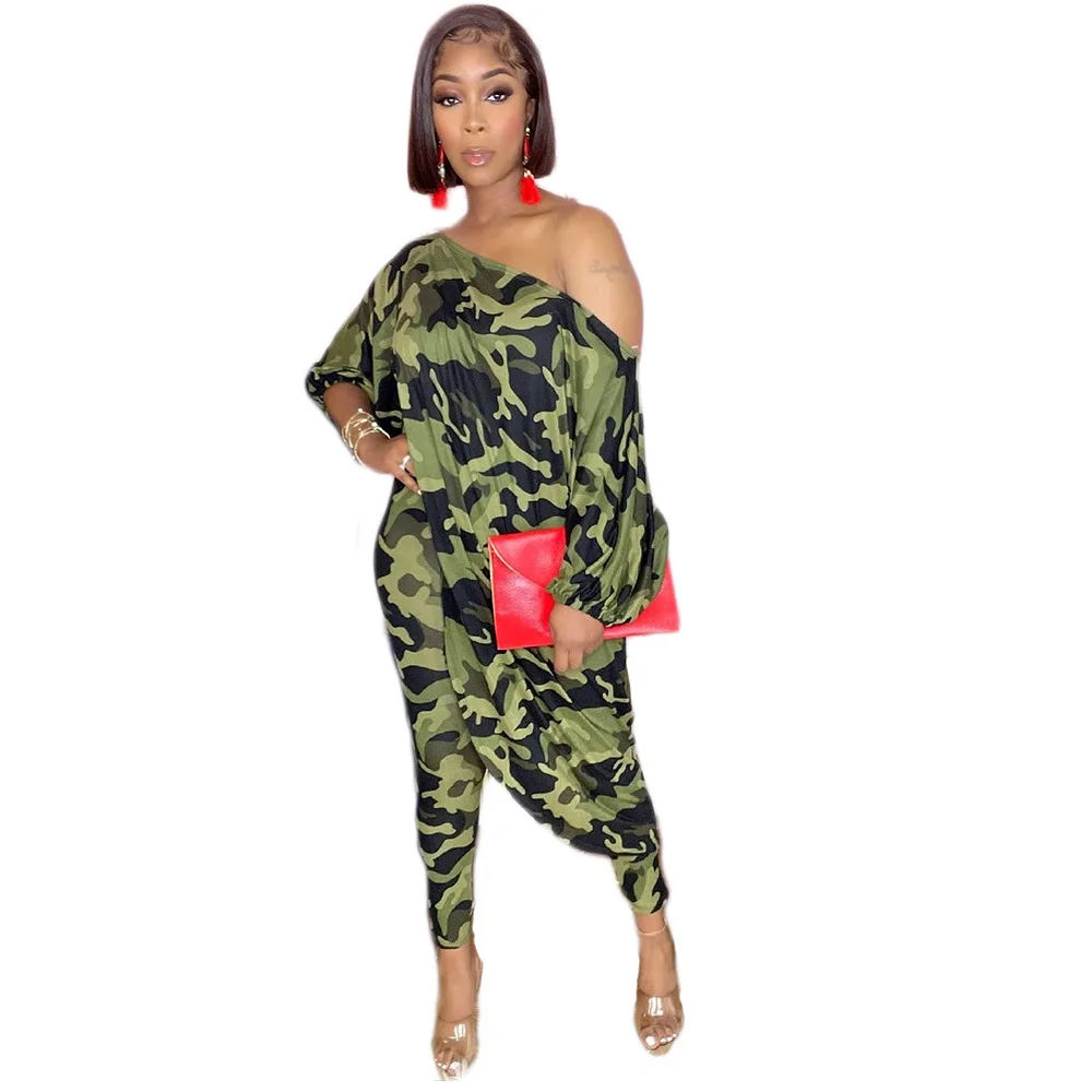 

Women Fashion Two Piece Set Loose Casual Slanted Shoulder Half Sleeve Tops + Long Slim Pants Trousers Autumn Female Clothing