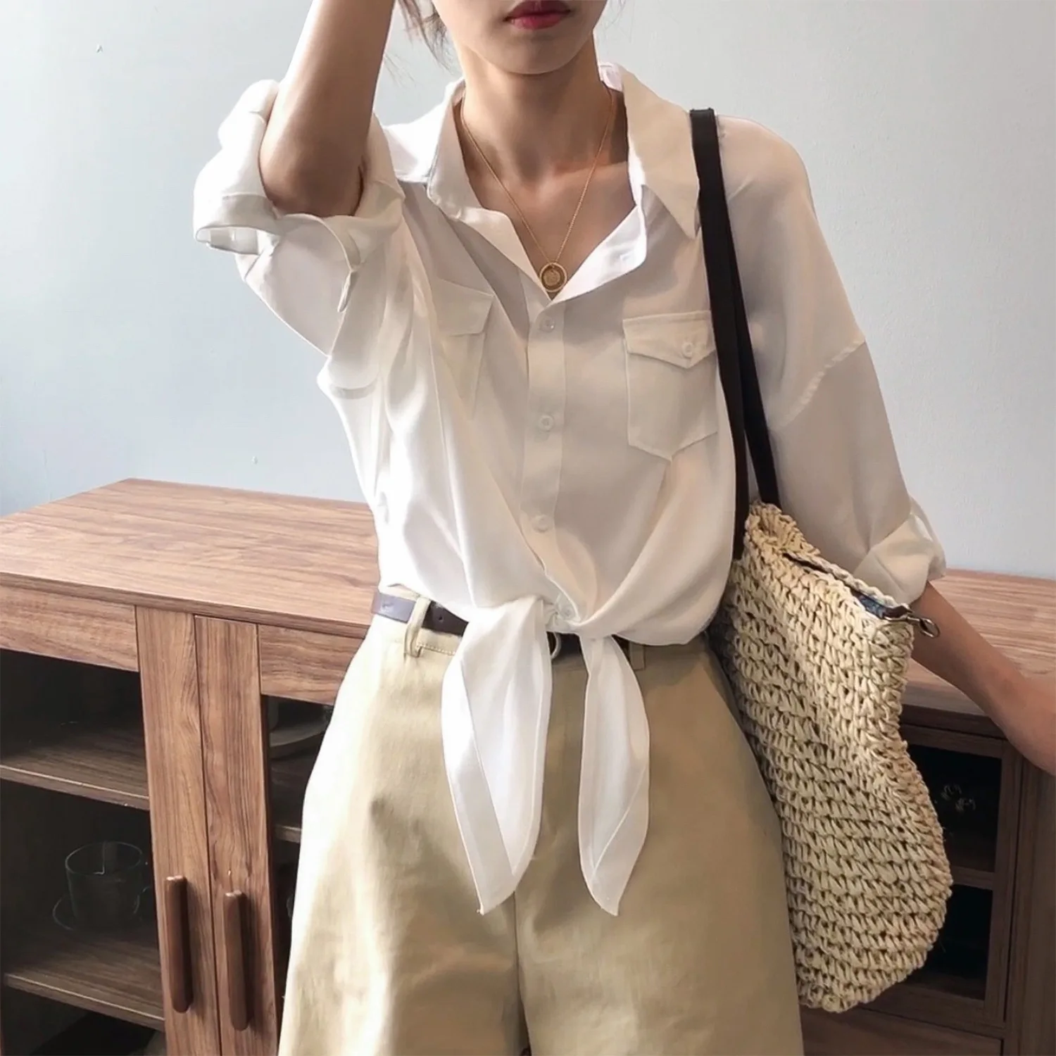 

Bow Tie Hem Blouse Chic Lyocell Women Shirt Ladies Tops Solid White Green Shirts Long Sleeve Blouse Korean Boyfriends Chemisier
