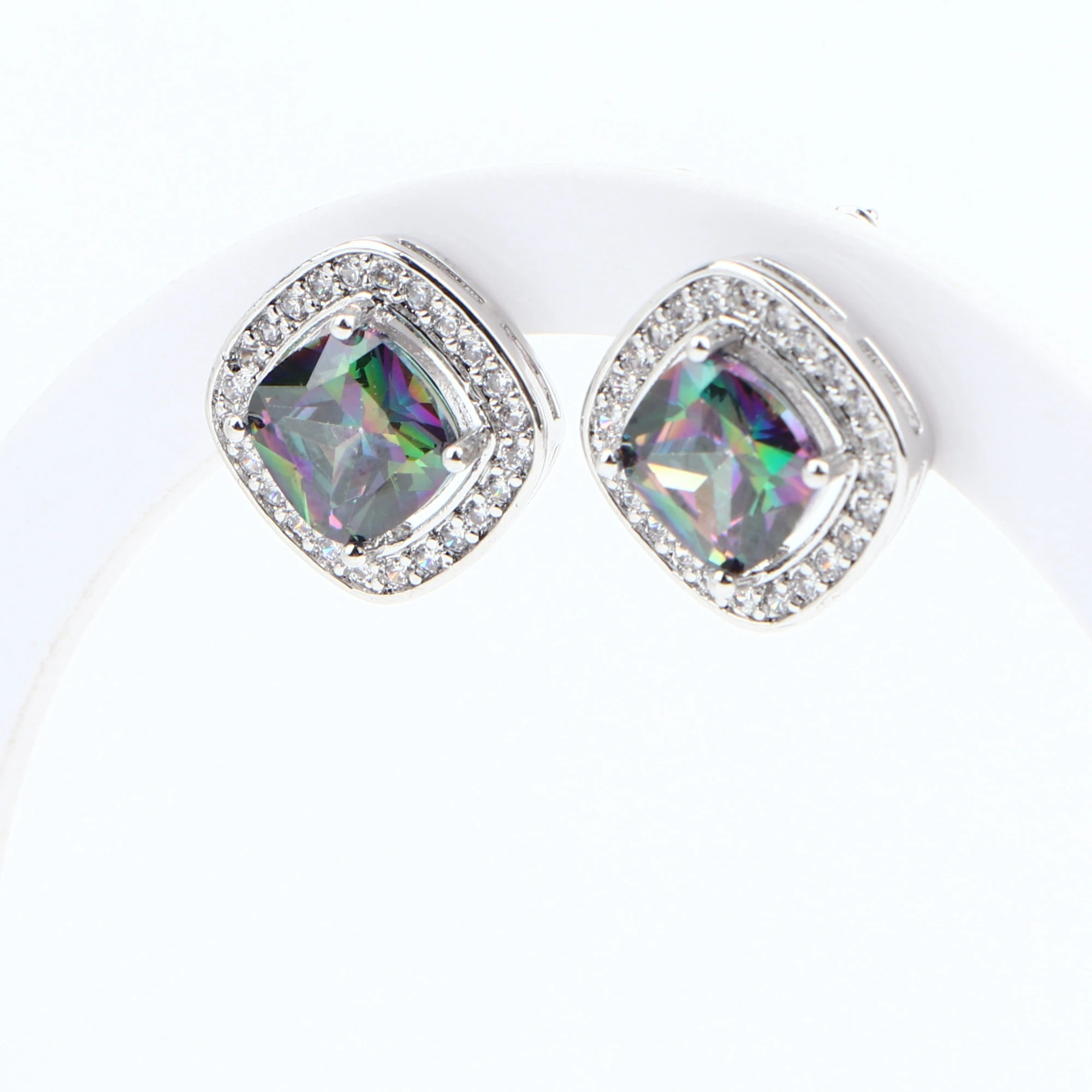 Rainbow Cubic Zirconia Bridal Jewelry Sets Silver 925 Women Costume Wedding Pendant Bracelet Rings Earrings Necklace Set | Украшения и