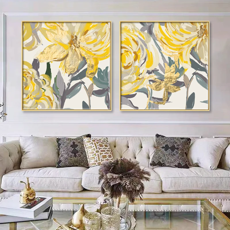 

Abstract Golden Flower Painting On Canvas Luxury Home Wall Art Poster Vintage Print Picture Living Room Porch Bedroom Decoration