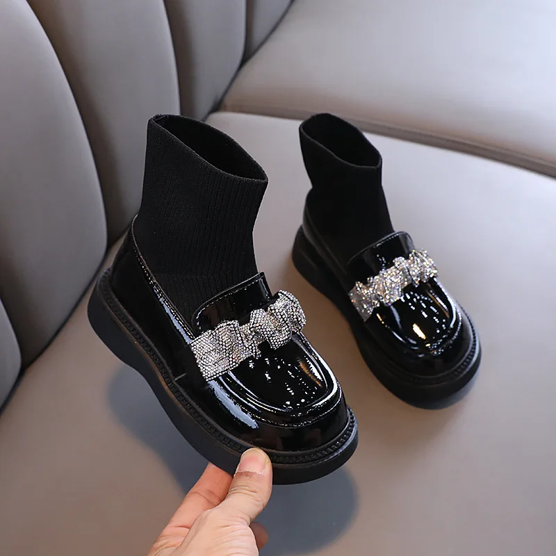 Autumn Children's Casual Knitted Leather Shoes Princess Soft Sole Leather Shoes Ankle Boots Children's Shoes