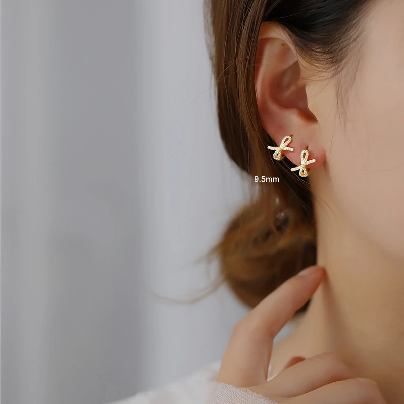 Женские серьги из серебра 925 пробы с золотым бантом и цирконом|earring solitaire|earrings