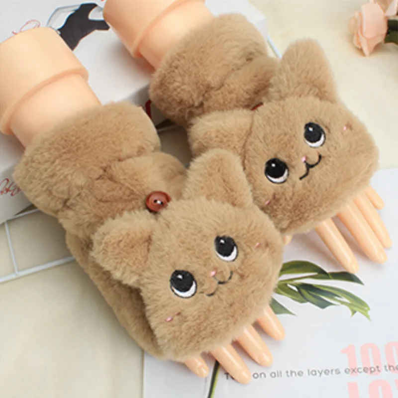 

Winter Warm Soft Rabbit Fur Knit Mittens Women Flip Half finger Driving Gloves Plush Thick Cute Cat Touch screen Gloves E65
