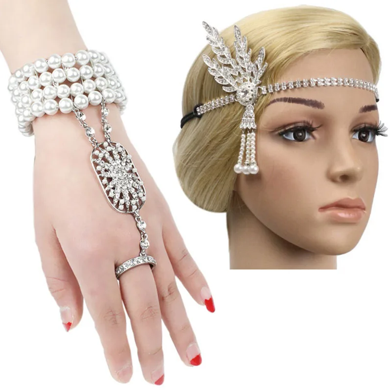 

1920s Flapper Pearl Headband Bracelet Ring Set Great Gatsby Inspired Leaf Simulated Jewelry Set Cosplay Costume Accessories