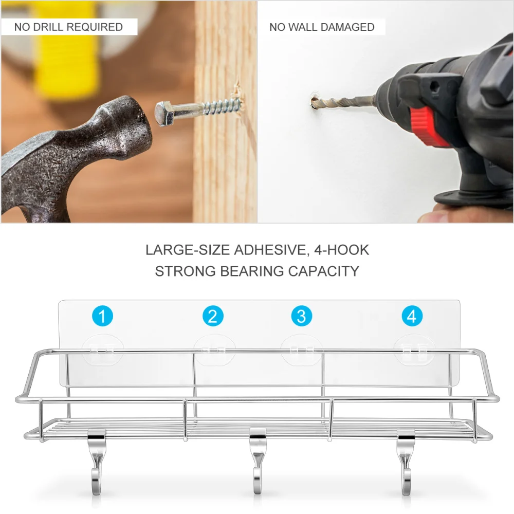 

HOMEMAXS 2PCS Bathroom Storage Shelf Wall Mounted Punch Free Rack Shower Organizer Storage Rack