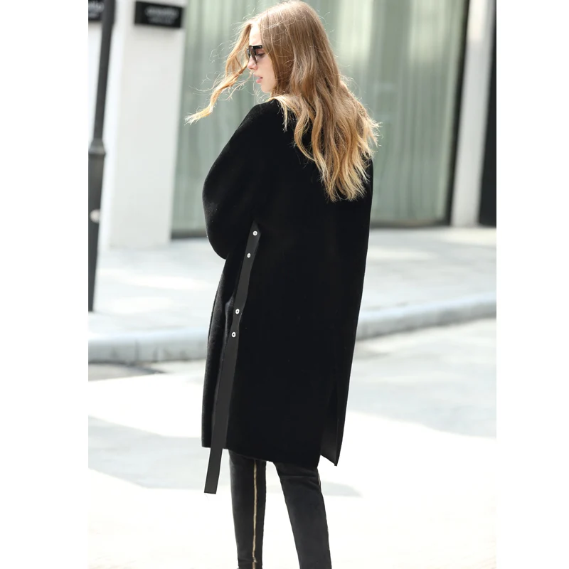 Женское длинное пальто из искусственной кожи зимнее 100% шерсти в Корейском стиле