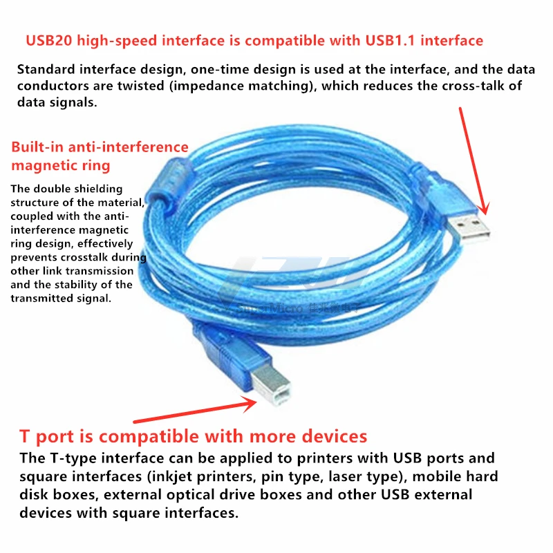 High Speed ​​USB Blue Transparent 2.0 Printer Cable Type A Male to B Dual Shield for 01.5m 3m，5m | Обустройство дома