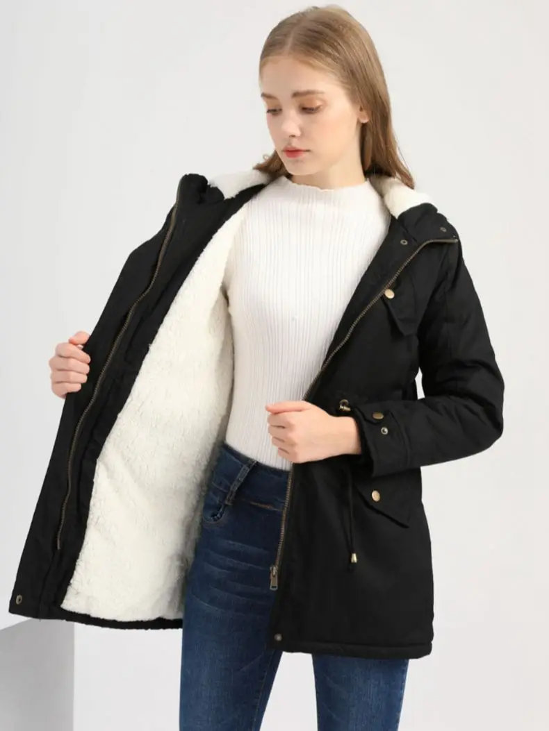 Miflame Autumn and Winter Solid Color Hooded Parka Coat Thick Cotton Plus Velvet Cotton Long Loose Coat  Plus Size Winter Coat