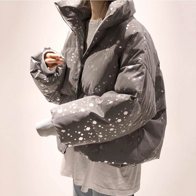 

Winter Women Streetwear Down Parka Oversize Reflective Jacket Short Warm Women Coat Snowflake Sequin Parka Cotton Padded Jacket