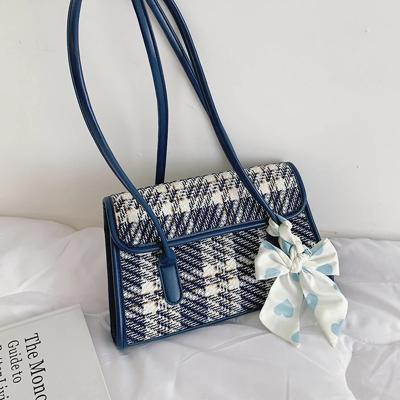 

2021 Fashion Tweed Small Shoulder Bags for Women New Trending Square Flap Tote Bag Ladies Bow-knot Silk Scarf Designer Handbags