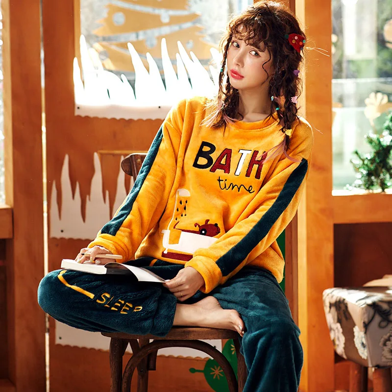 Orange-3 Adults Autumn Winter Women Pyjamas Sets Thick Warm Pajamas Suit Flannel Long Sleeve Female Soft Coral Velvet Pants Sleepwear - Цвет: Orange-3