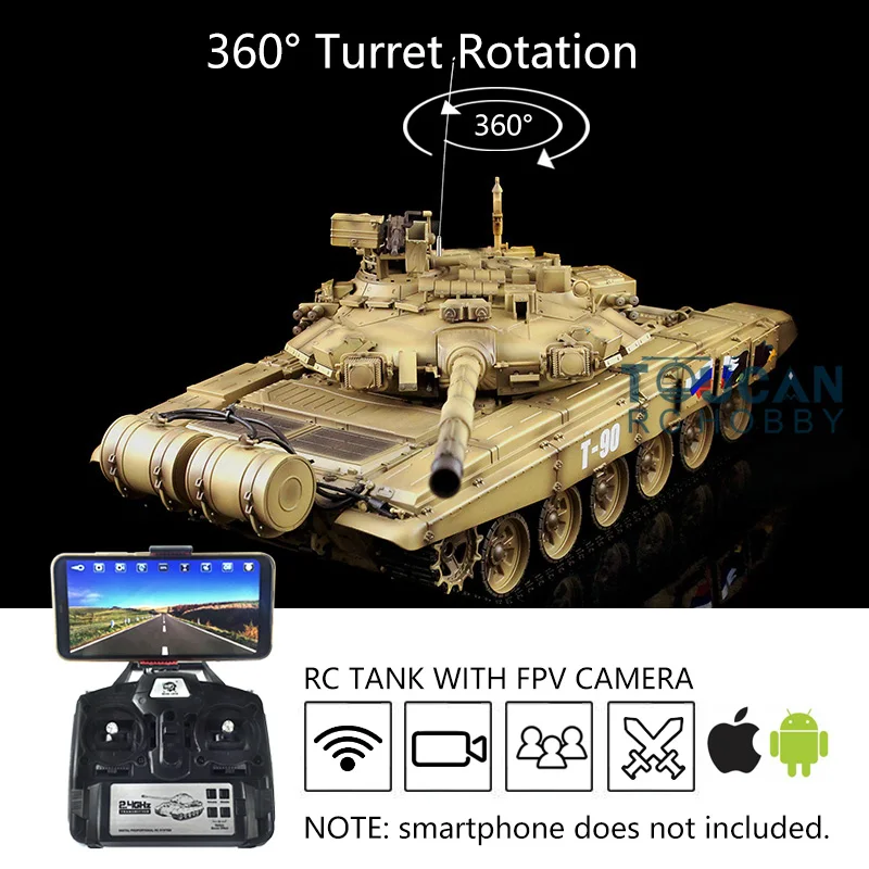 

Heng длинный 1/16 желтый FPV TK7.0 Модернизированный российский T90 RTR RC Танк 3938 360 ° револьвер TH17868