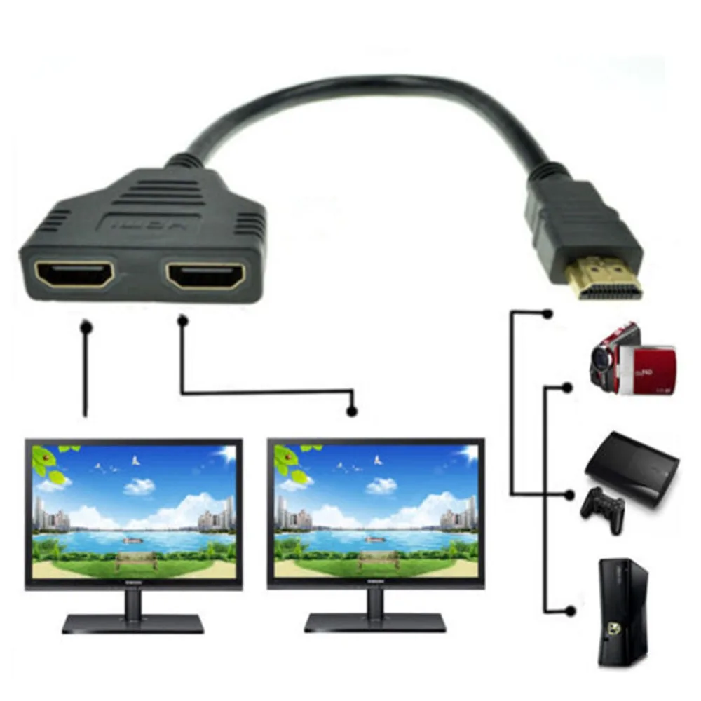 

Black 1080P HDMI-compatible Port Male to 2 Female 1 In 2 Out Splitter Cable Adapter Converter 11.8 Inch