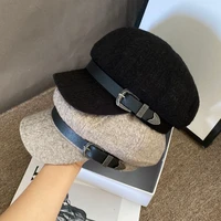 autumn and temperament sheep wool beret fashion retro british solid color metal buckle beret for female designer painter hat