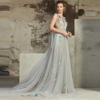 gray v neck prom dress floral dress with long train backless long evening dresses applique 3d flowers dress layered gowns