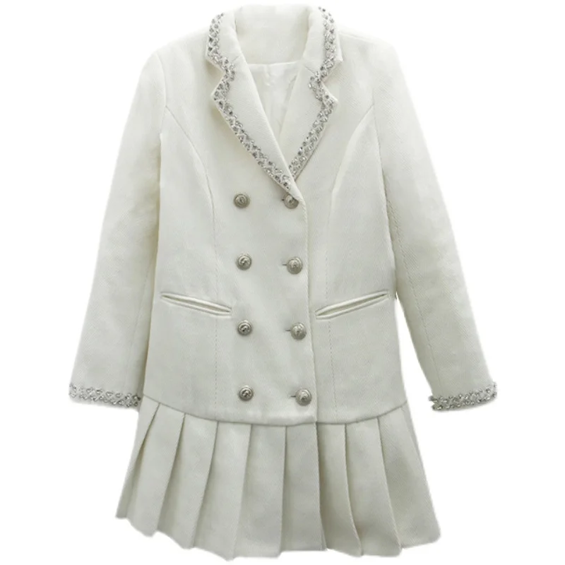 

DEAT Women White Folds Double Breasted Diamonds High Waist Dress New Notched Long Sleeve Slim Fit Fashion Tide Summer 2021 7E132