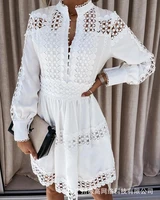 donsignet 2021 new solid hollow out pattern splicing long sleeve shirt dress women sexy pullover woman dress