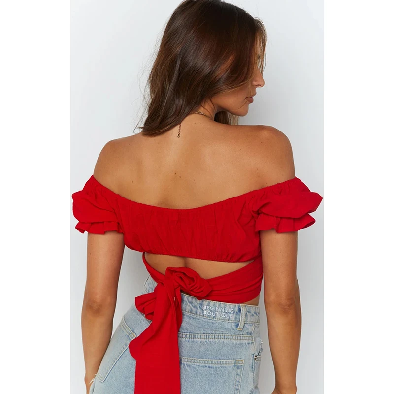 

Bohemian lantern short-sleeved umbilical strap short shirt Pleated solid color small shirt Heritage Wrap