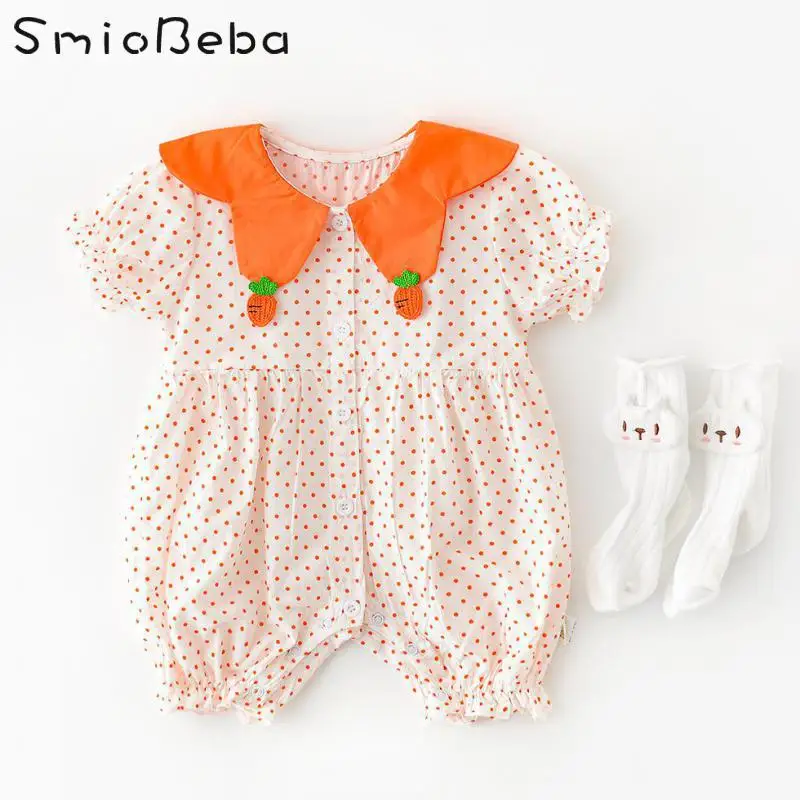 

Summer Newborn Korean Ins Girls Cute Bodysuits Baby Petal Collar Carrot Dot Bubble Sleeve Short Climb Kid Pajacyki Dla Niemowlat