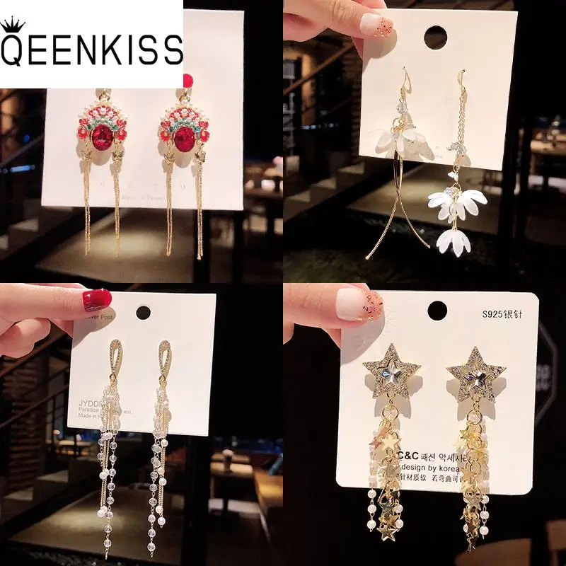 

QEENKISS EG703 Fine Jewelry Wholesale Fashion Woman Girl Birthday Wedding Gift Star Tassel AAA Zircon 18KT Gold Stud Earrings