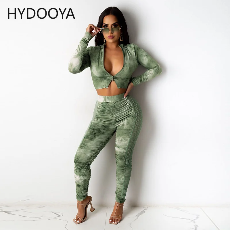 

Tie Dye Print Two Pieces Outfits Women Tracksuits Sexy Zipper Front Long Sleeve Crop Top and Ruched Skinny Pencil Legging Suits