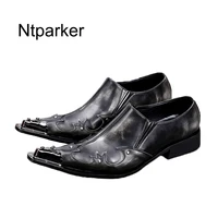 ntparker western style men shoes genuine leather business party shoes for men iron pointed toe black grey men wedding shoes
