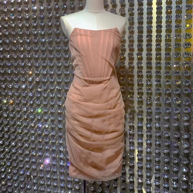

VGH Pink Sexy Dress For Women Strapless Sleeveless High Waist Mini Solid Pleated Dresses Female Summer Clothing 2021 Fashion New