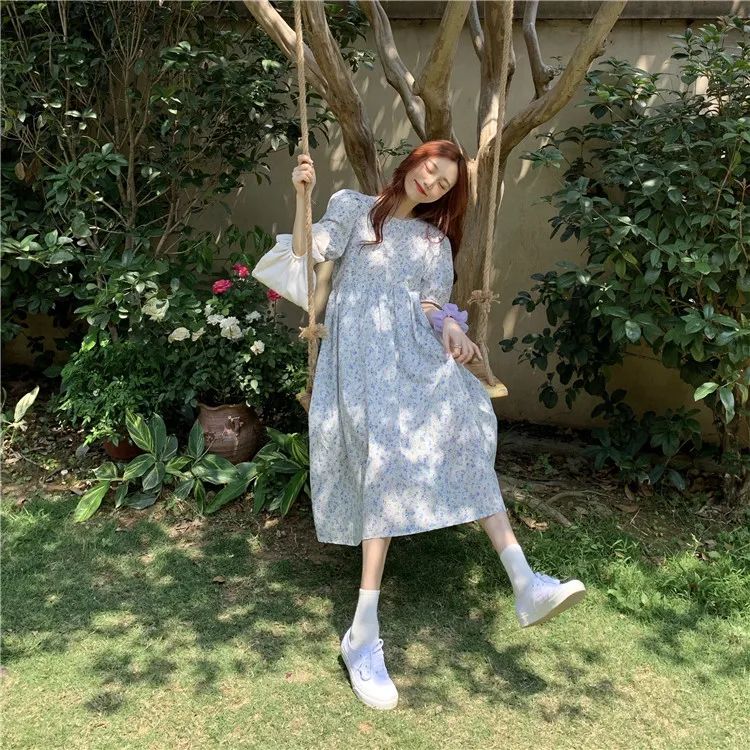

Summer Little Fresh Floral Dress for Female Students Waist-Tight Elegant Short-Sleeved Dress Mid-Length A- line Dress