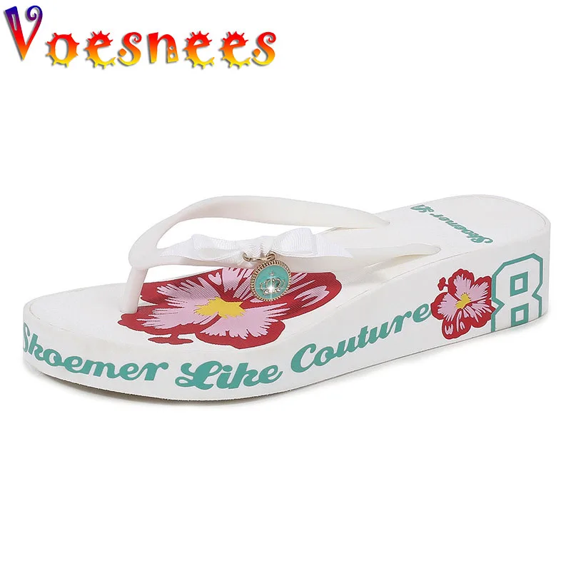

Voesnees 2021 New Summer Women Slippers High Quality Diamond Bow Beach Sandals Non-Slip Casual Graffiti Wedges Flip- Flops Shoes