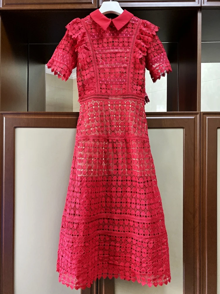 Red Christmas Dress 2020 New Year Party Women Cute Peter Pan Collar Hollow Out Ruffles SHort Sleeve Heart Lace Long | Женская одежда