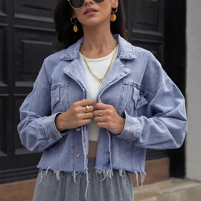 

Autumn Women's Denim Cropped Jacket Female Pockets Short Jean Jackets Ladies 2021 New Fashion Button Casual Solid Coats