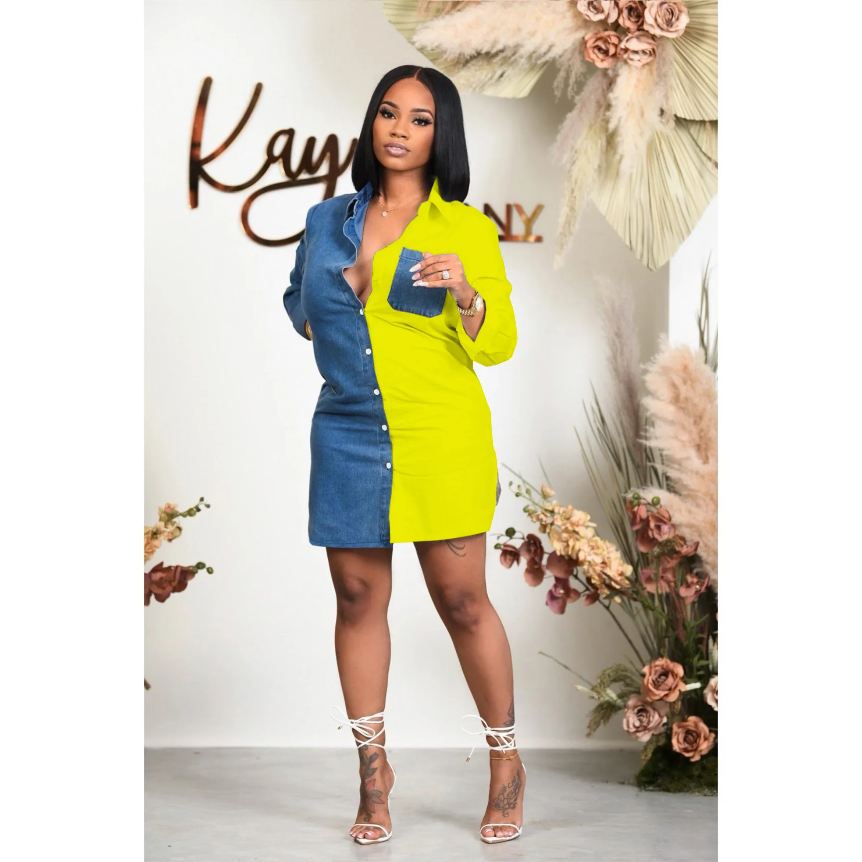 

Women Denim Shirt Dress Fashion Casual Pocket Denim Stitching Shirt Mini Dress Women