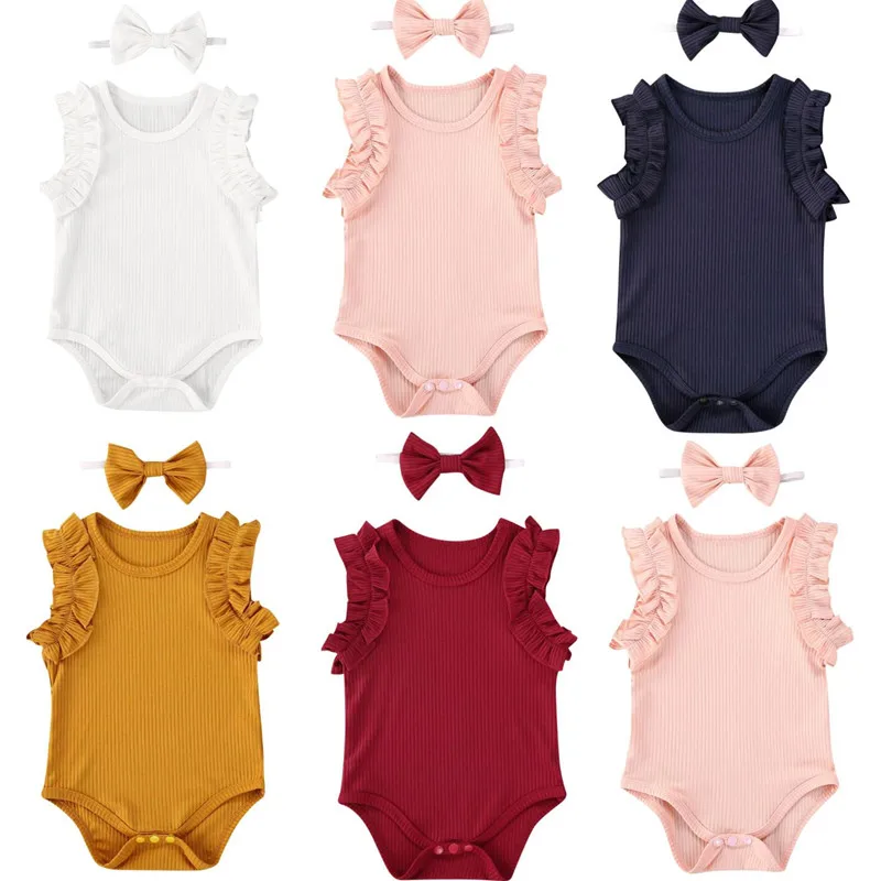 

2020 Baby Girl Summer Romper Newborn Baby Girl Solid Knitted Cotton Romper Ruffles Jumpsuit Headband 2Pcs Outfits 5 Color