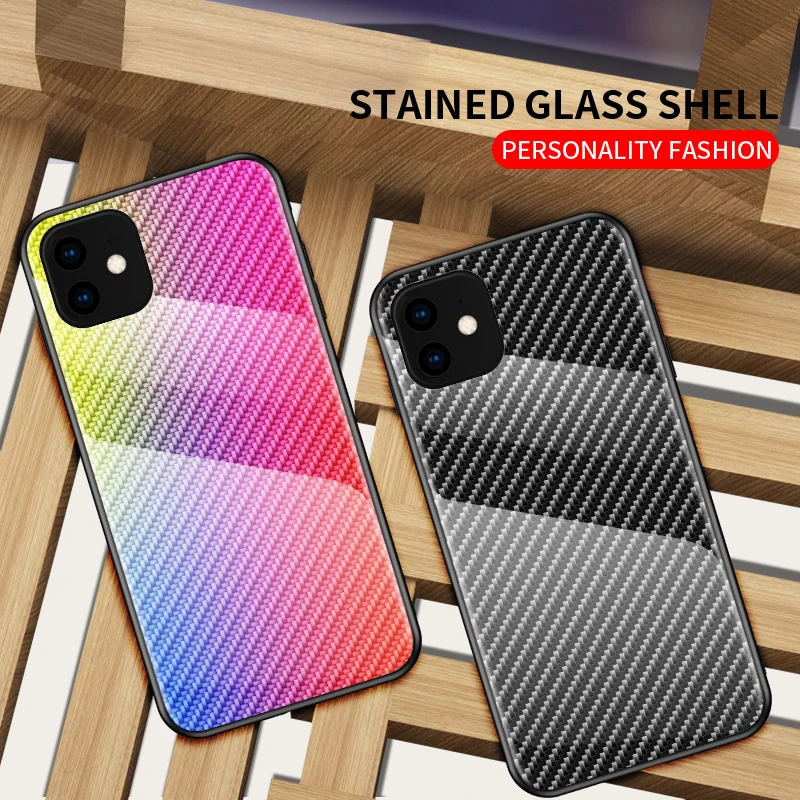 for apple iphone 11 case hard tempered glass gradient carbon fiber protect back cover case for iphone 11 pro max iphone11 11pro free global shipping