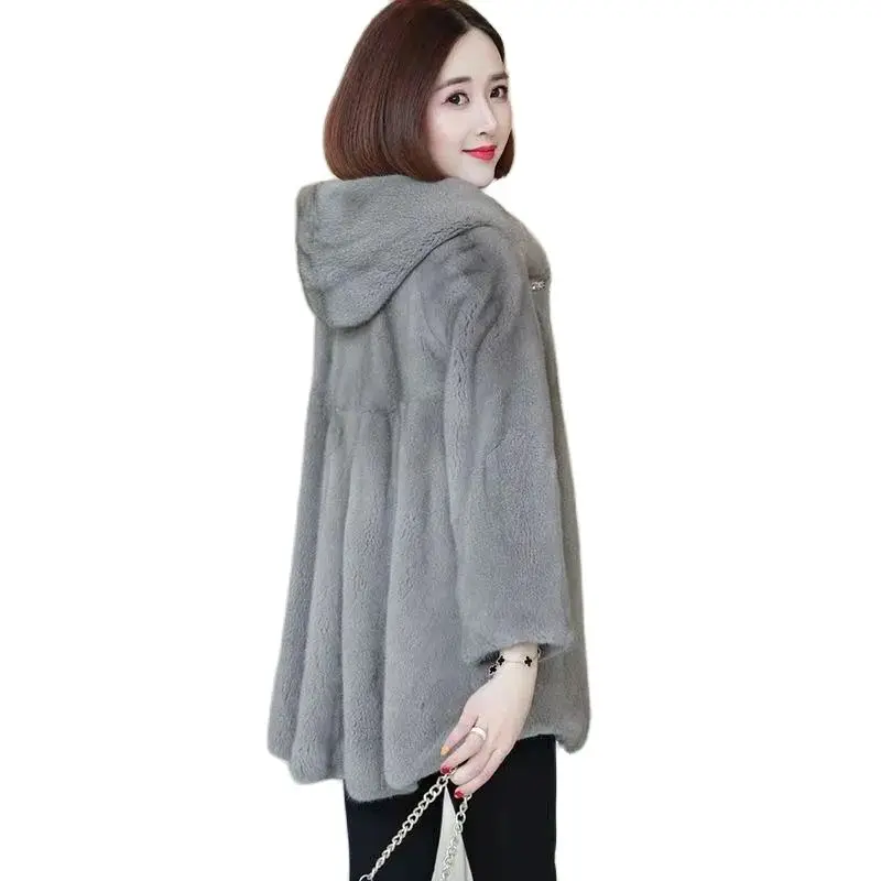 2022 Autumn Winter Female Whole Mink Mid-length Hooded Haining Imported Mink Fur Slim Coat Women New Imitation Mink Fur CoatA844
