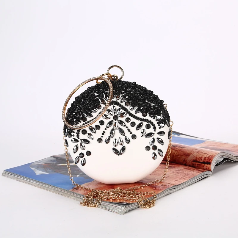 

Women Clutch Bag Luxury Sequin White Wedding Party Round Purse Handbag Rhinestone Contrast Color Stitching Glitter Evening Bag