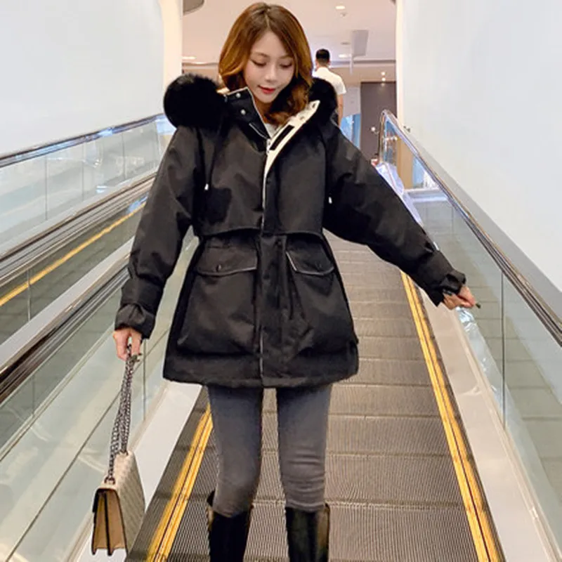 

Real Fox Fur Collar Down Jacket Women 2021 Winter Short Korean Solid Color Loose Waist band Hat Down Version Jacket