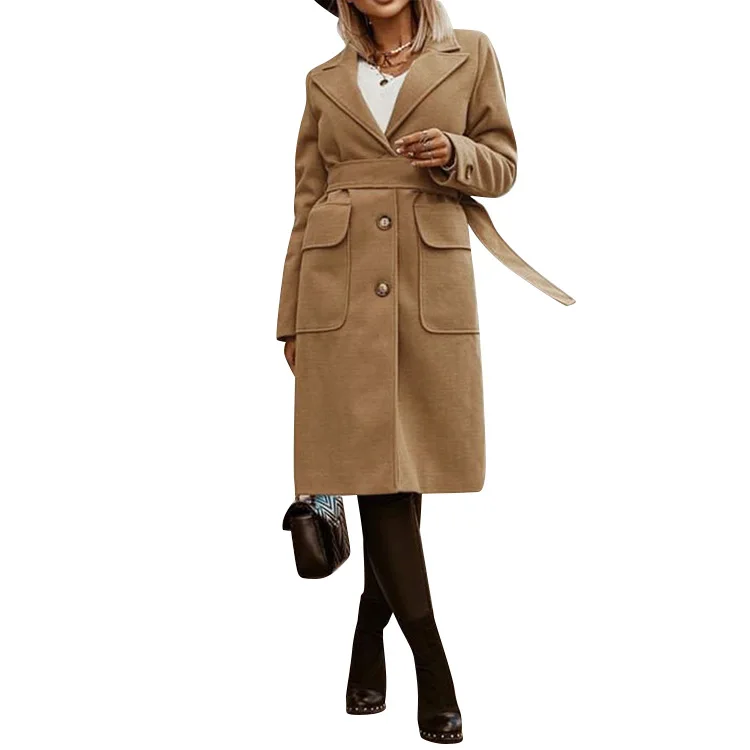 

WEPBEL Women Long Coat Button Solid Color Full Sleeve High Waist Woolen Blend Overcoat Fashion Knee Length Winter
