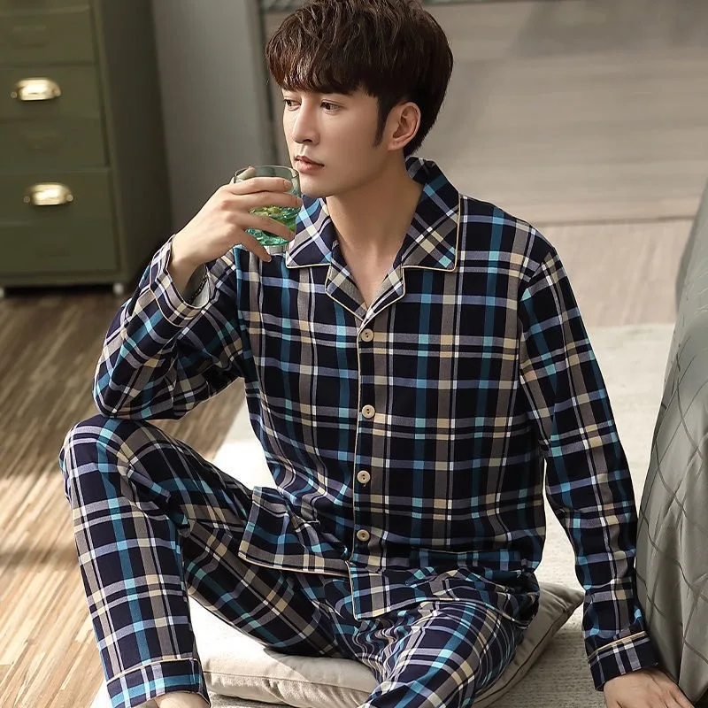 

Пижамный комплект мужской клетчатый, одежда для сна, Свободная Домашняя одежда, мягкий хлопок, одежда для отдыха, большие размеры