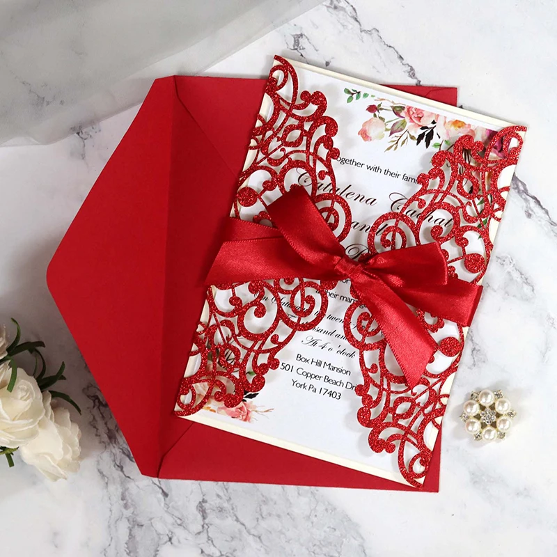 50 шт. лазерная резка свадебные приглашения карты блестящие бумажные открытки на