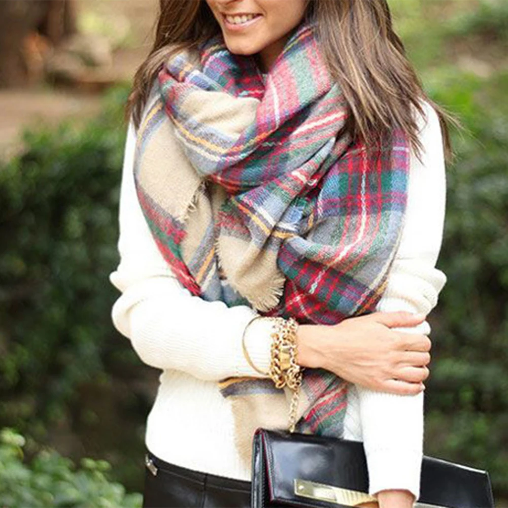 Зимний модный классический клетчатый шарф шали теплый шейный треугольный