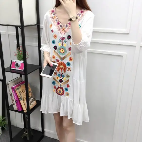 Богемное пляжное платье с вышивкой винтажное этническое женское цветочным