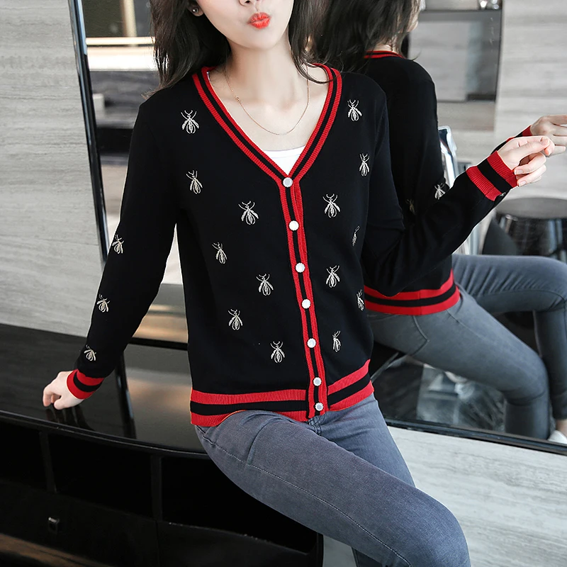 Женский трикотажный кардиган с вышивкой пчелы длинный рукав v-образный вырез
