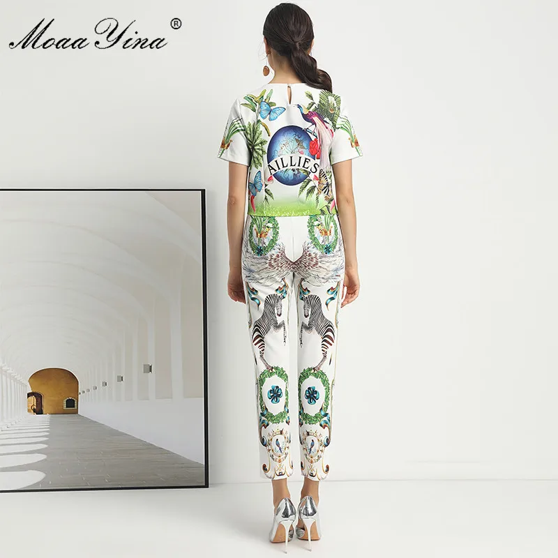 MoaaYina Fashion Designer Set Spring Summer Women Short sleeve Beaded Rainforest Print Tops+3/4 pants Vintage Two-piece set | Женская