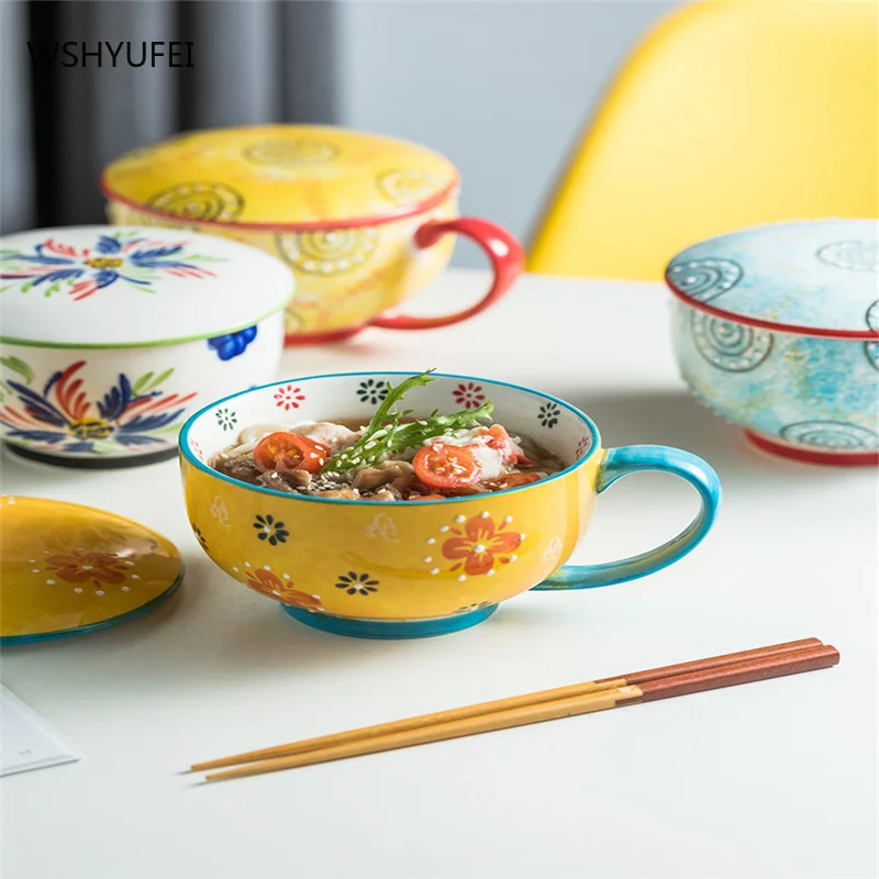 

Japanese style smooth and delicate ceramic ramen bowl with lid personality creative household large instant noodle bowl